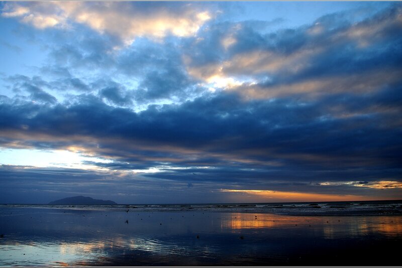 Beach at Sunset — Blue, Dramatic, Photograph, Clouds, Ocean, Mountain