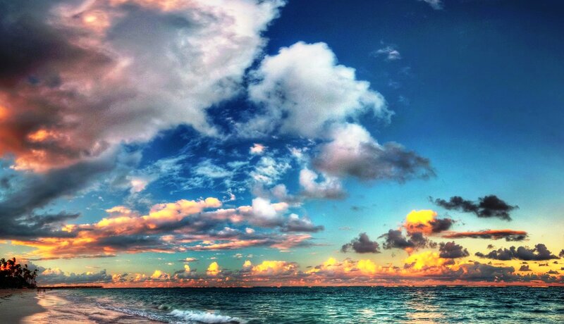 Beach at Sunset — Blue, Dramatic, Photograph, Clouds, Ocean, Palm Trees