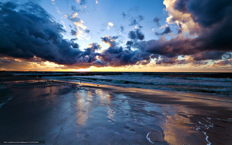 Beach at Sunset — Blue, Dramatic, Photograph, Clouds, Ocean, Sand
