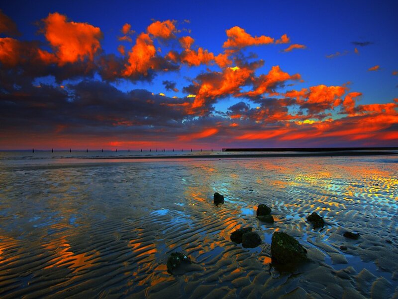 Beach at Sunset — Blue, Dramatic, Photograph, Clouds, Sand