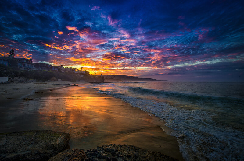 Beach at Sunset — Blue, Dramatic, Photograph, Houses