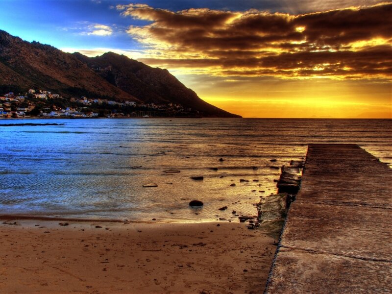 Beach at Sunset — Blue, Dramatic, Photograph, Mountain, Pier