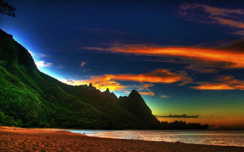 Beach at Sunset — Blue, Dramatic, Photograph, Mountains, Ocean