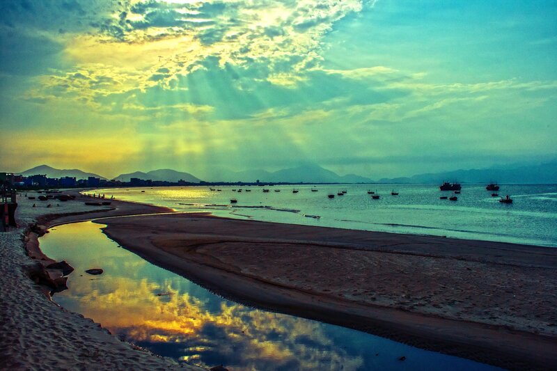Beach at Sunset — Blue, Dramatic, Photograph, Mountains