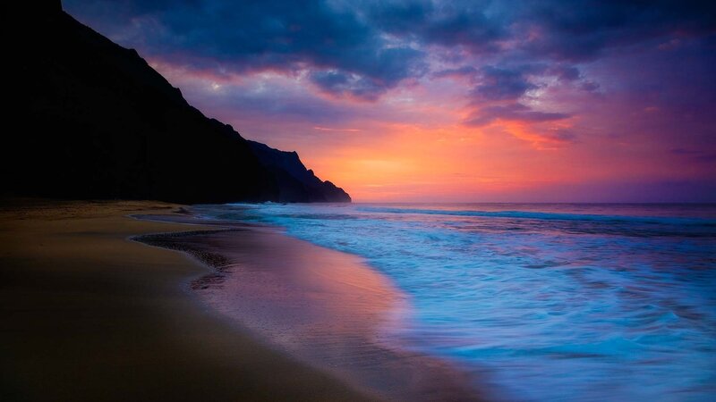 Beach at Sunset — Blue, Dramatic, Photograph, Ocean, Cliff, Sky
