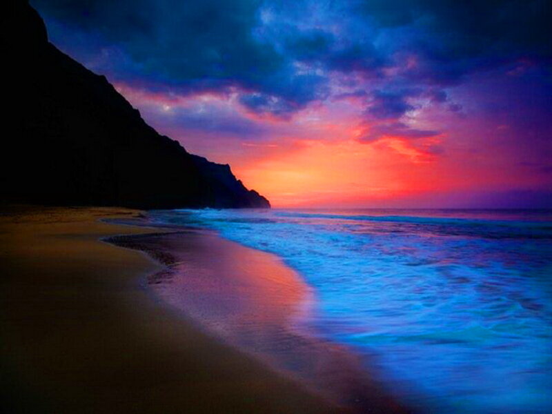 Beach at Sunset — Blue, Dramatic, Photograph, Ocean, Cliff