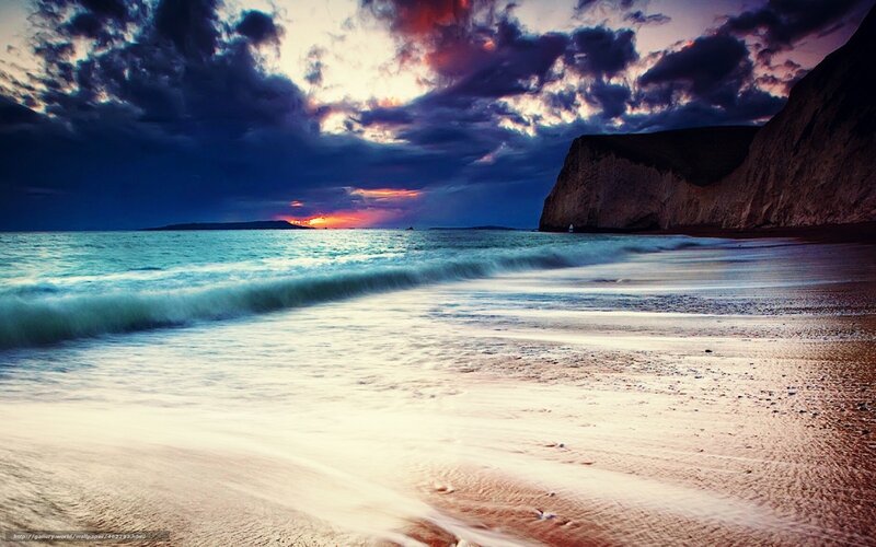 Beach at Sunset — Blue, Dramatic, Photograph, Ocean, Cliffs, Clouds