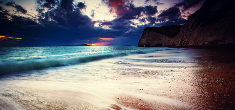 Beach at Sunset — Blue, Dramatic, Photograph, Ocean, Cliffs