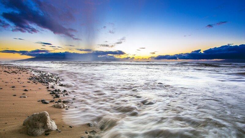 Beach at Sunset — Blue, Dramatic, Photograph, Ocean, Clouds, Mountain