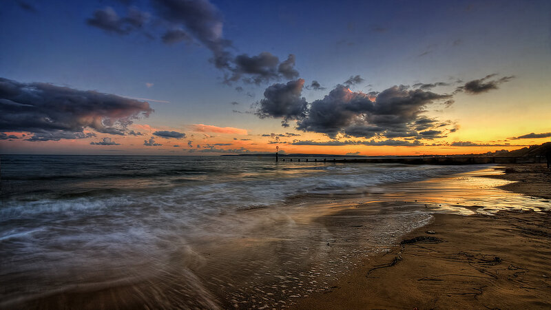 Beach at Sunset — Blue, Dramatic, Photograph, Ocean, Clouds, Pier