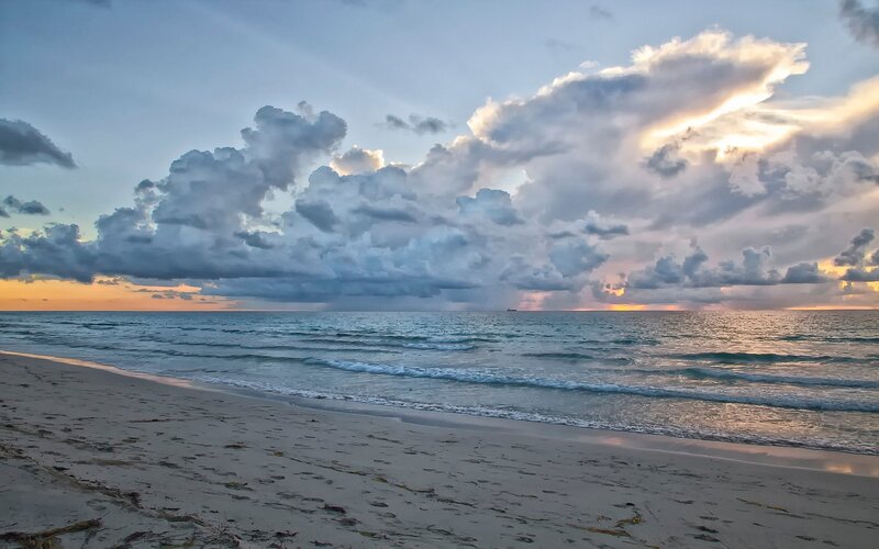 Beach at Sunset — Blue, Dramatic, Photograph, Ocean, Clouds, Sand