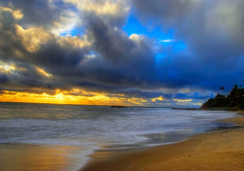 Beach at Sunset — Blue, Dramatic, Photograph, Ocean, Clouds, Sand, Trees