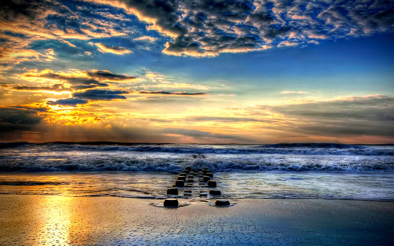Beach at Sunset — Blue, Dramatic, Photograph, Ocean, Clouds, Sunlight