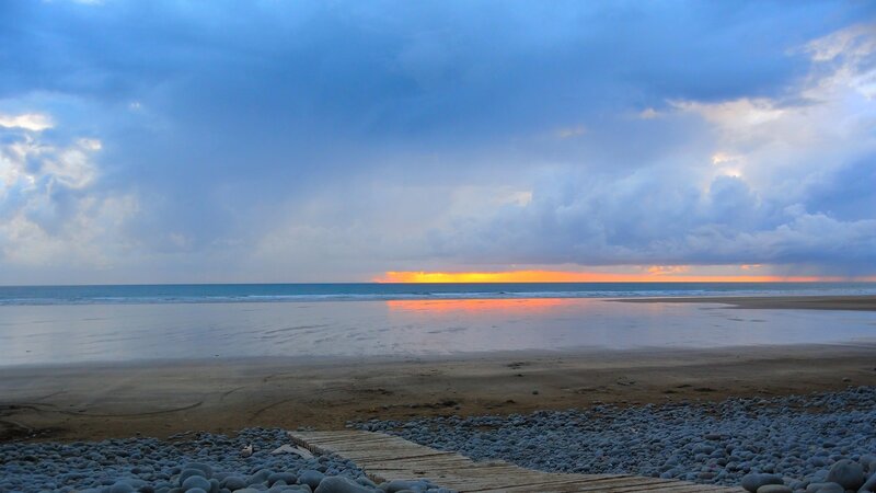 Beach at Sunset — Blue, Dramatic, Photograph, Ocean, Clouds, Wooden Walkway