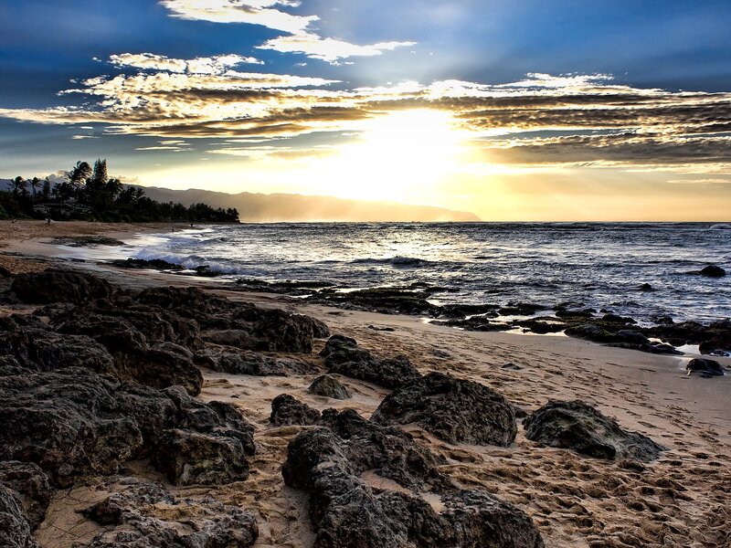 Beach at Sunset — Blue, Dramatic, Photograph, Ocean, Rocks, Mountains