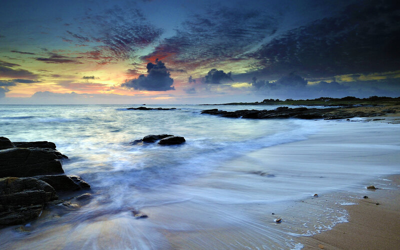 Beach at Sunset — Blue, Dramatic, Photograph, Ocean, Rocks, Sky