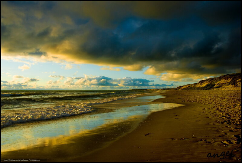 Beach at Sunset — Blue, Dramatic, Photograph, Ocean, Sand Dunes, Clouds