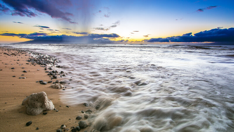 Beach at Sunset — Blue, Dramatic, Photograph, Ocean, Sand, Mountain