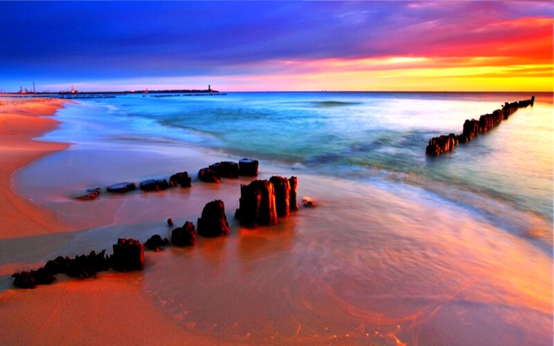 Beach at Sunset — Blue, Dramatic, Photograph, Ocean, Sand