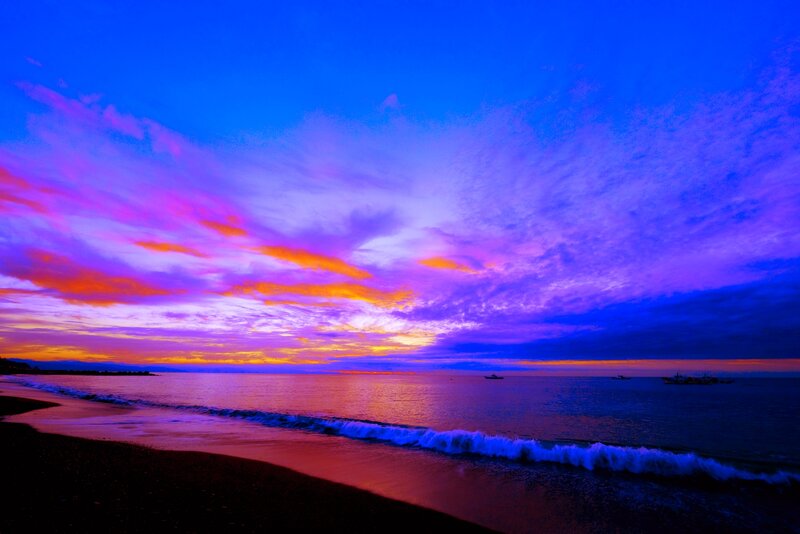 Beach at Sunset — Blue, Dramatic, Photograph, Ocean, Sky, Boats
