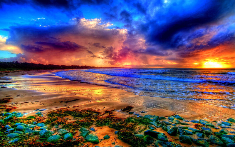 Beach at Sunset — Blue, Dramatic, Photograph, Ocean, Sky, Rocks