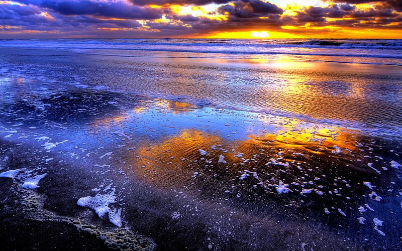 Beach at Sunset — Blue, Dramatic, Photograph, Ocean, Sky, Sand