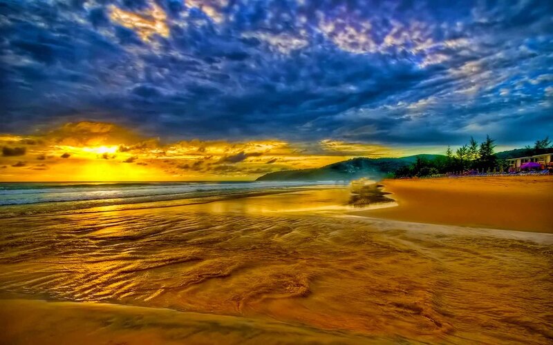 Beach at Sunset — Blue, Dramatic, Photograph, Ocean, Sky, Sand, Trees