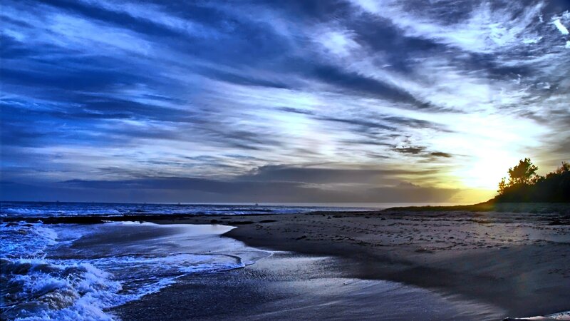 Beach at Sunset — Blue, Dramatic, Photograph, Ocean, Sky, Trees, Yellow
