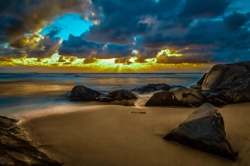 Beach at Sunset — Blue, Dramatic, Photograph, Rocks, Ocean