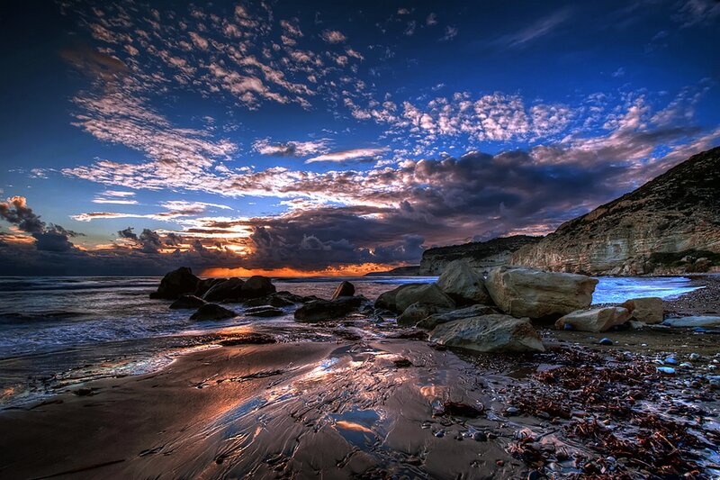 Beach at Sunset — Blue, Dramatic, Photograph, Rocks