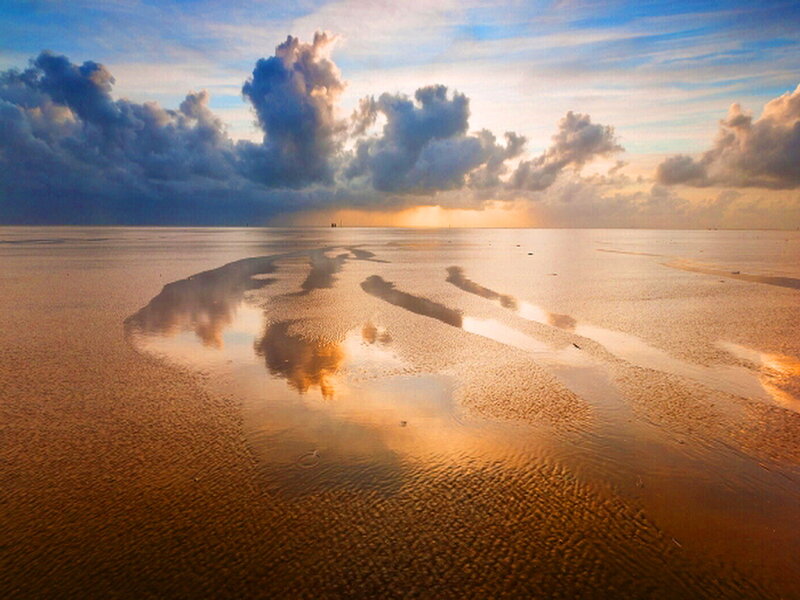 Beach at Sunset — Blue, Dramatic, Photograph, Sky, Clouds