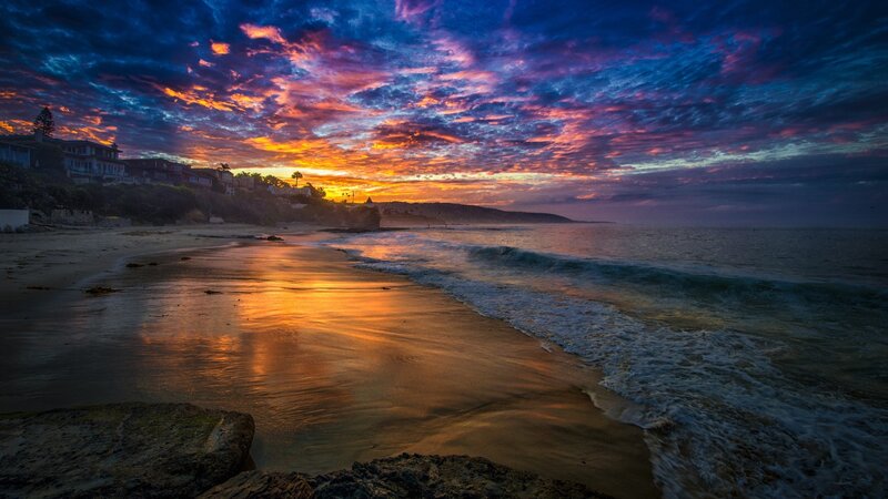 Beach at Sunset — Blue, Dramatic, Photograph, Sky, Ocean, Houses