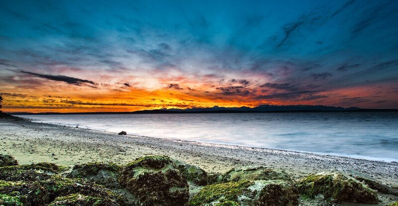 Beach at Sunset — Blue, Dramatic, Photograph, Sky, Ocean, Rocks