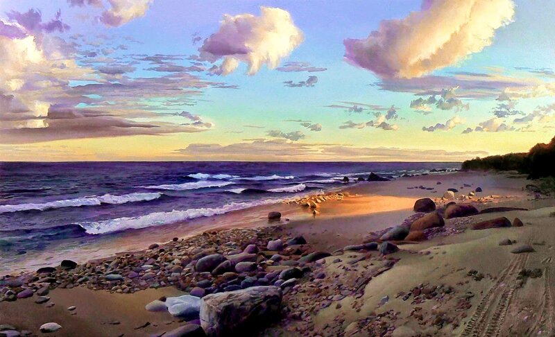 Beach at Sunset — Blue, Serene, Painting, Ocean