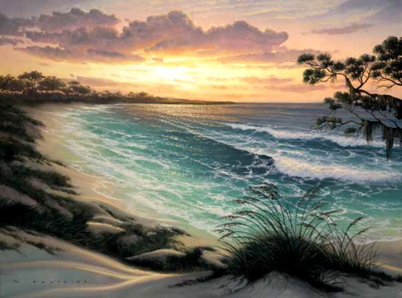 Beach at Sunset — Blue, Serene, Painting