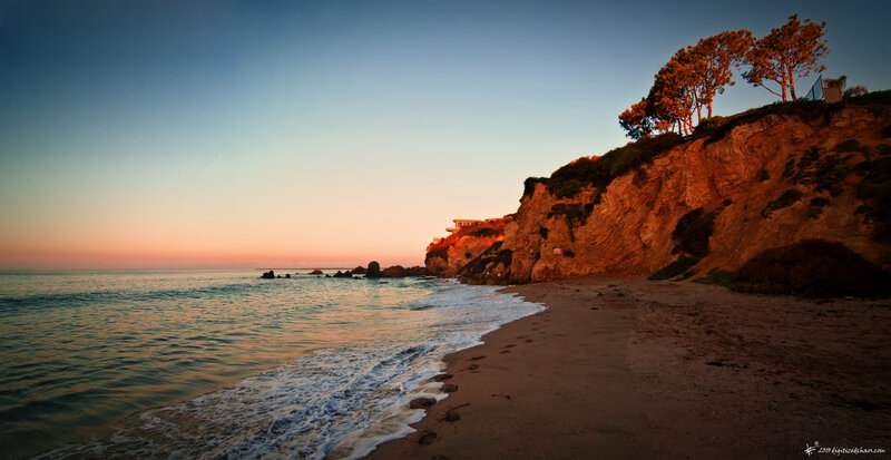 Beach at Sunset — Blue, Serene, Photograph, Cliff, Ocean