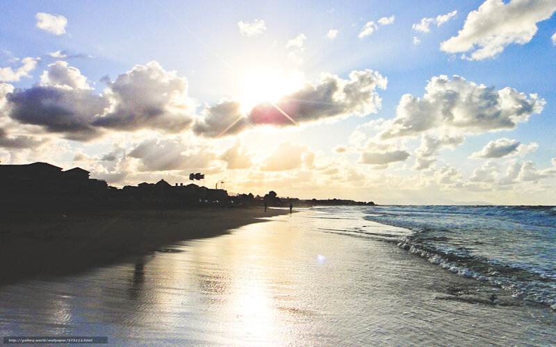 Beach at Sunset — Blue, Serene, Photograph, Clouds, Ocean, Buildings