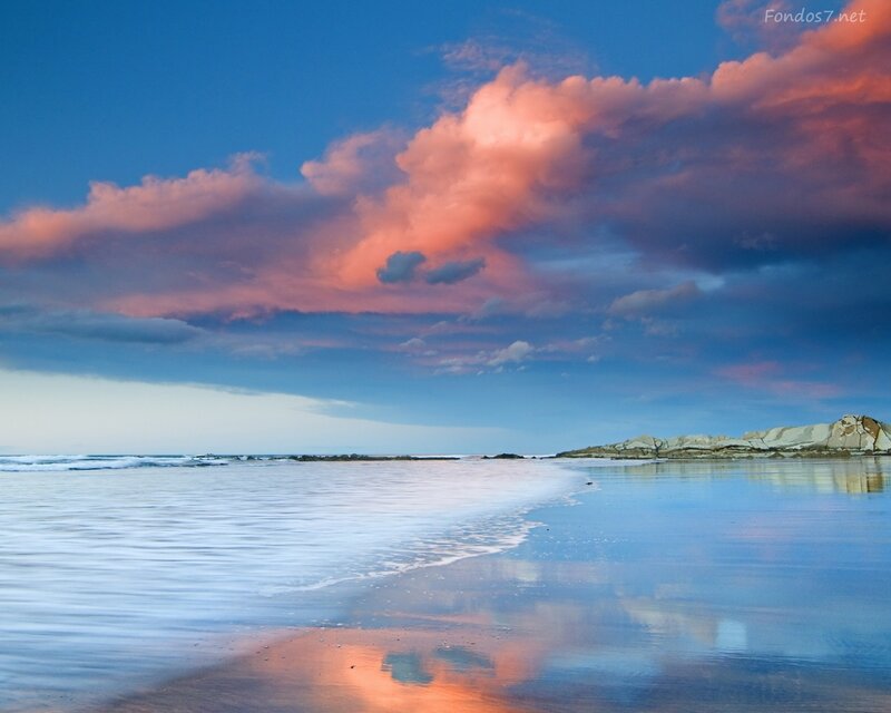 Beach at Sunset — Blue, Serene, Photograph, Clouds, Ocean, Rocks