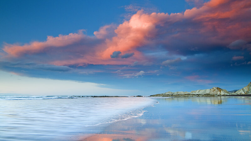 Beach at Sunset — Blue, Serene, Photograph, Clouds, Ocean