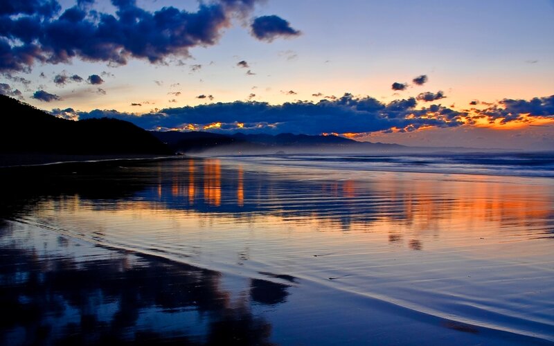 Beach at Sunset — Blue, Serene, Photograph, Mountains