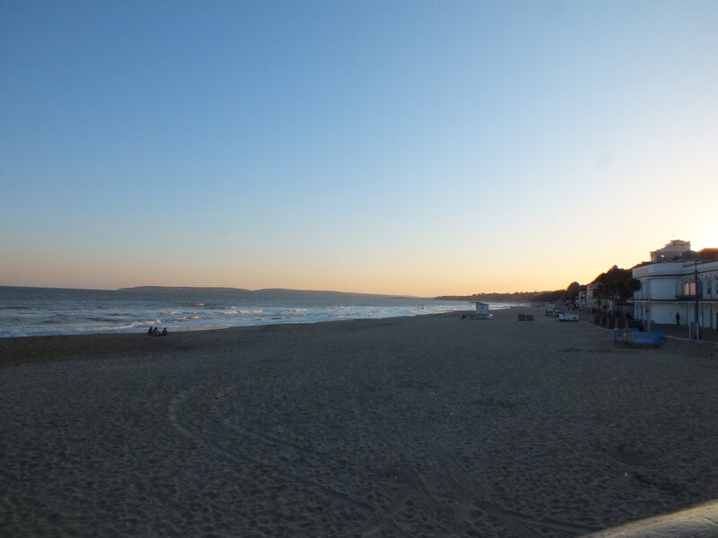 Beach at Sunset — Blue, Serene, Photograph, Ocean, Buildings