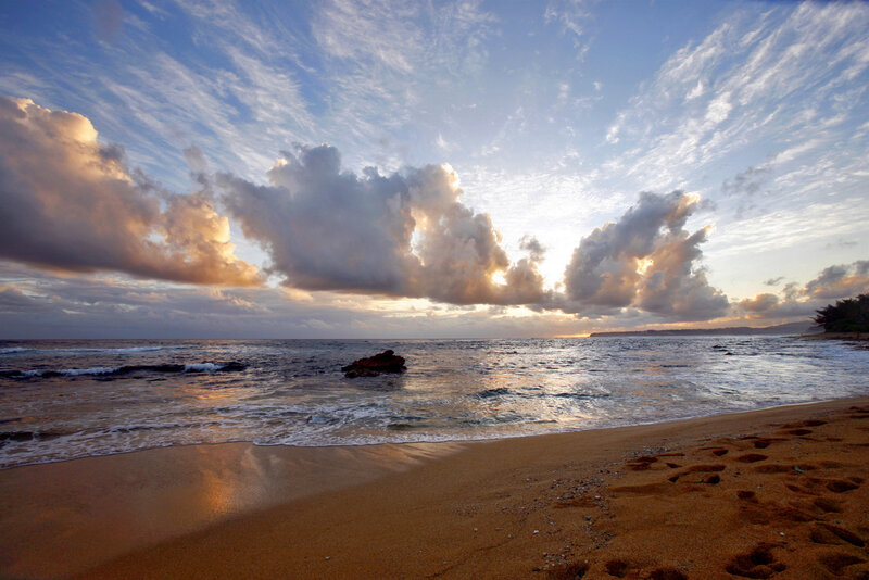 Beach at Sunset — Blue, Serene, Photograph, Ocean, Clouds, Sand, Orange, Brown