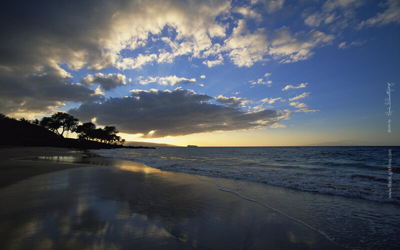 Beach at Sunset — Blue, Serene, Photograph, Ocean, Clouds, Trees