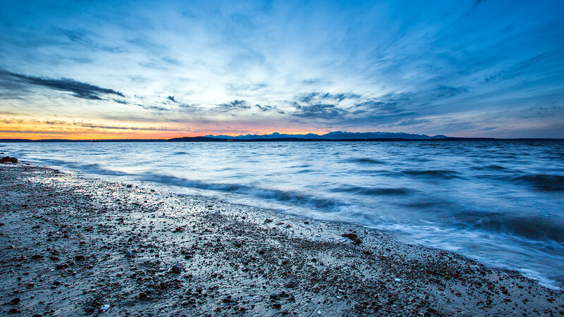 Beach at Sunset — Blue, Serene, Photograph, Ocean, Mountains, Sky