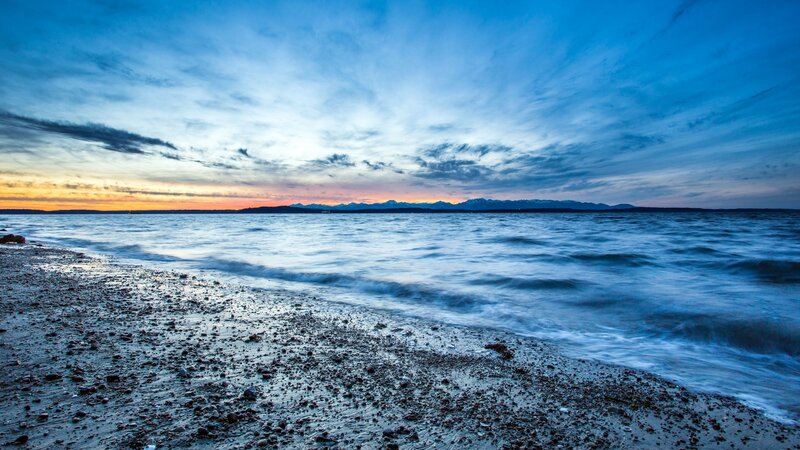 Beach at Sunset — Blue, Serene, Photograph, Ocean, Mountains