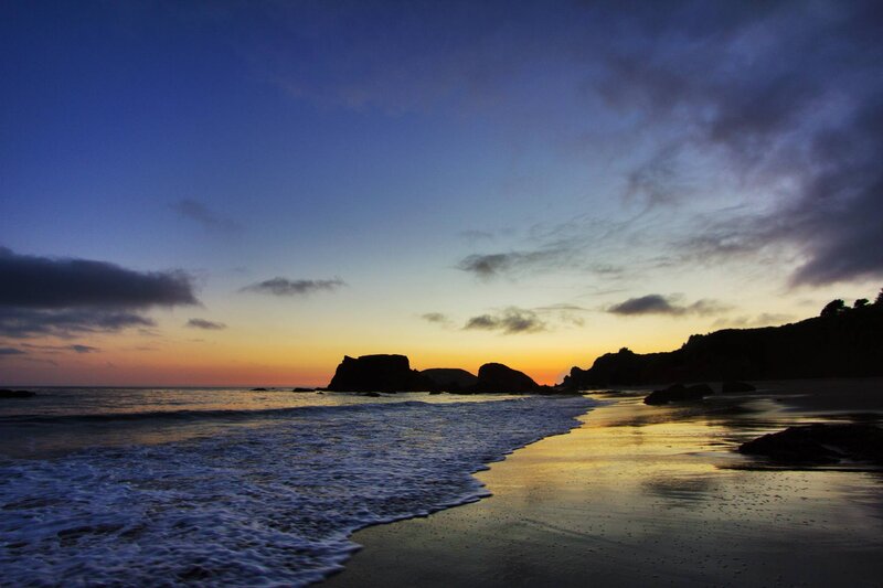 Beach at Sunset — Blue, Serene, Photograph, Ocean, Rocks, Clouds