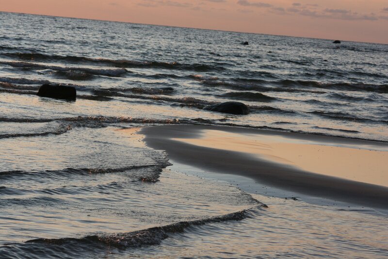 Beach at Sunset — Blue, Serene, Photograph, Ocean, Rocks, Sand