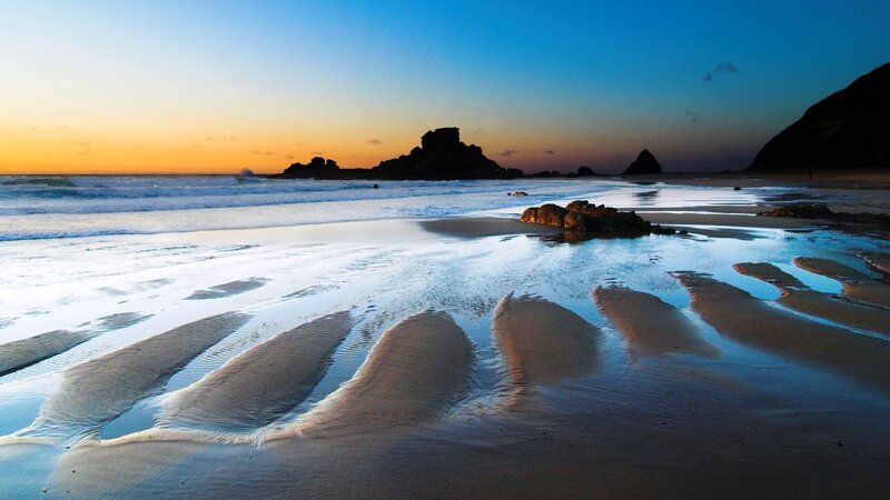 Beach at Sunset — Blue, Serene, Photograph, Ocean, Rocks, Sky