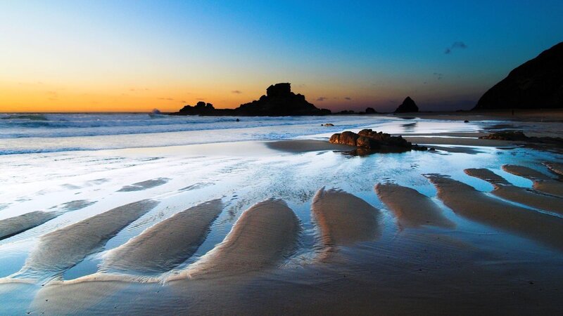 Beach at Sunset — Blue, Serene, Photograph, Ocean, Rocks