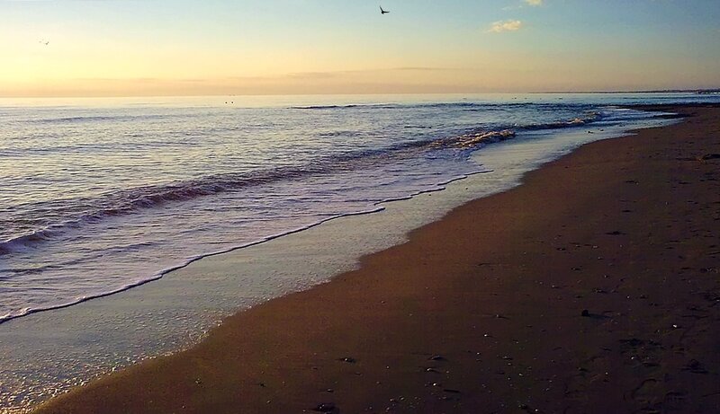 Beach at Sunset — Blue, Serene, Photograph, Ocean, Sand